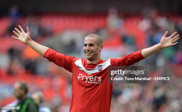 York City's Matty Blair celebrates at the end of the match after winning The Blue Square Bet premier Division Promotion Final