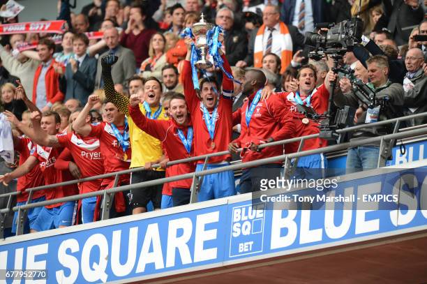 York City's captain Chris Smith lifts the trophy after winning The Blue Square Bet premier Division Promotion Final