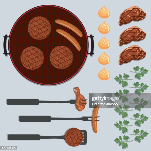 bbq foods flatlays or knolling concepts. - steak stock illustrations