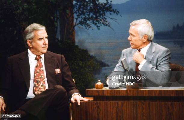 Pictured: Announcer Ed McMahon, host Johnny Carson on August 10, 1979 --