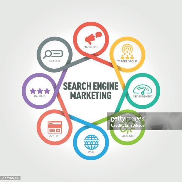 seo infographic with 8 steps, parts, options - search engine stock illustrations