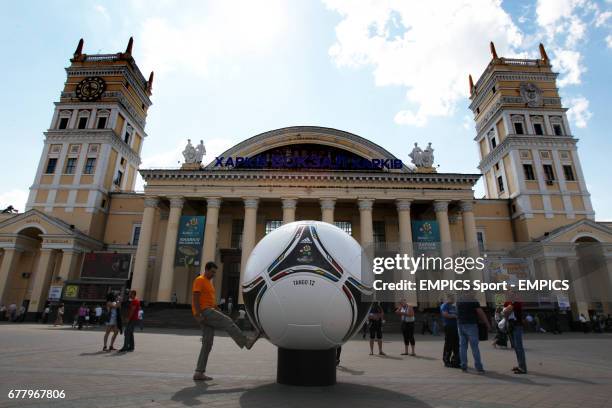 Views of Kharkiv train station with Euro 2012 dispay ahead of the opening match in the city Netherlands v Denmark tomorrow