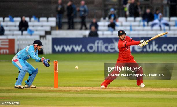 Lancashire Lightning Paul Horton gets one past Derbyshire Falcons' Tom Poynton