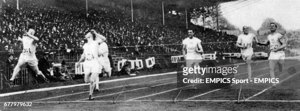 The finals of the 200m. From left - Charles Paddock of the US, 2nd; Eric Liddell of great Britain, third; Jackson Scholz of the US, first; Bayes...