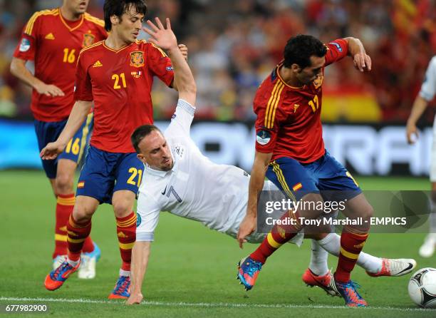 Spain's Alvaro Arbeloa tackled by France's Franck Ribery