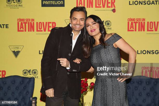 Actor Eugenio Derbez and actress Salma Hayek attend a press conference to promote their new film "How To Be A Latin Lover" at Hotel St. Regis on May...