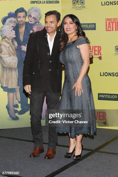 Actor Eugenio Derbez and actress Salma Hayek attend a press conference to promote their new film "How To Be A Latin Lover" at Hotel St. Regis on May...