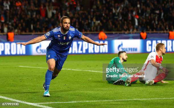 Gonzalo Higuain of Juventus celebrates scoring his sides second goal during the UEFA Champions League Semi Final first leg match between AS Monaco v...
