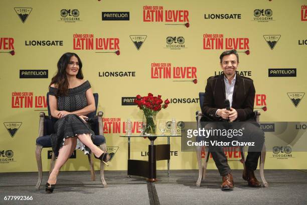 Actress Salma Hayek and Actor Eugenio Derbez attend a press conference to promote their new film "How To Be A Latin Lover" at Hotel St. Regis on May...