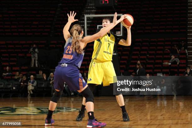 Ramu Tokashiki of the Seattle Storm looks to pass the ball during a game against the Phoenix Mercury on May 3, 2017 at Key Arena in Seattle,...