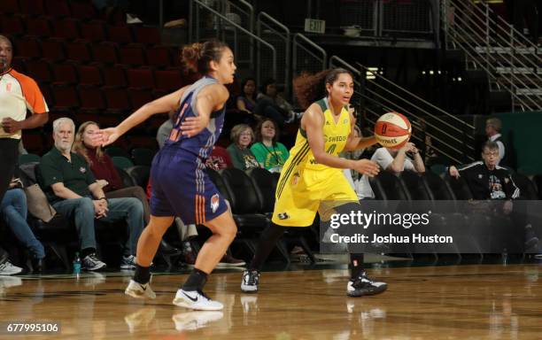 Jennifer O'Neill of the Seattle Storm handles the ball during a game against the Phoenix Mercury on May 3, 2017 at Key Arena in Seattle, Washington....
