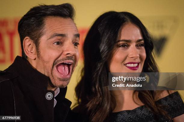 Mexican actor Eugenio Derbez and Mexican and American actress Salma Hayek pose for a photo during the press conference of the movie How to be a Latin...