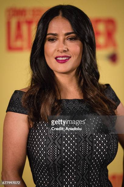 Mexican and American actress Salma Hayek poses for a photo during the press conference of the movie How to be a Latin Lover in Mexico City, Mexico on...