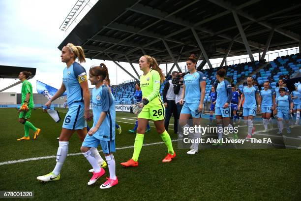 Steph Houghton of Manchester City Women leads the team out against of Birmingham City Ladies prior to the WSL 1 match between Manchester City Women...