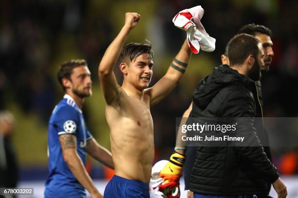 Paulo Dybala of Juventus celebrates after the full time whistle during the UEFA Champions League Semi Final first leg match between AS Monaco v...