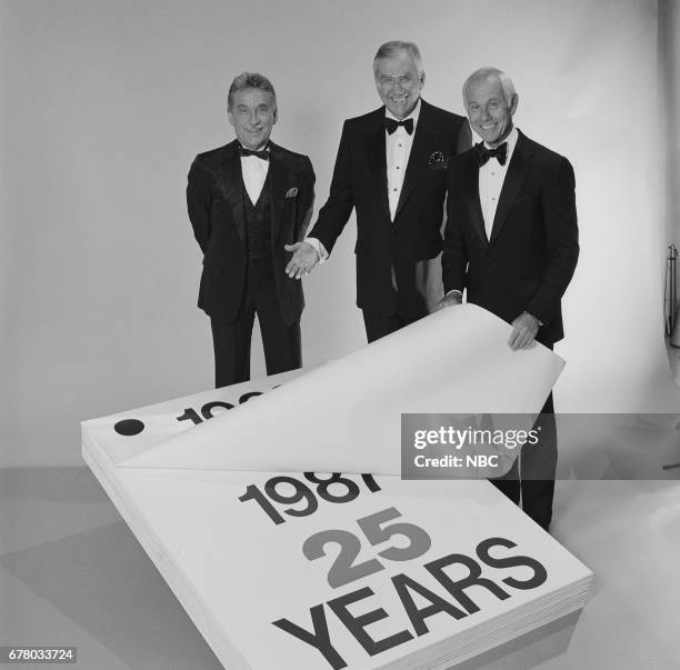 Pictured: Band Leader Doc Severinsen, Announcer Ed McMahon and Host Johnny Carson