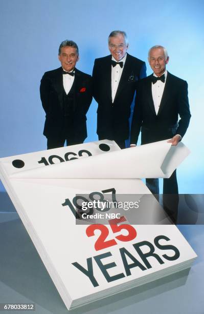 Pictured: Band Leader Doc Severinsen, Announcer Ed McMahon and Host Johnny Carson