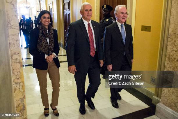 Administrator Seema Verma, Vice President Mike Pence and Secretary of Health and Human Services Tom Price leave a meeting on Capitol Hill May 3, 2017...