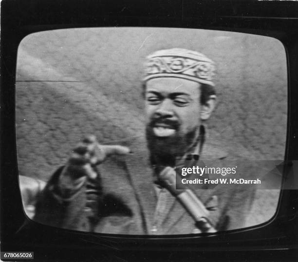 Screen grab of American poet and playwright Amiri Baraka as appears on an unspecified television program, New York, New York, May 14, 1966.