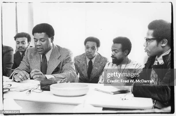 Proponents of a planned apartment complex, Kawaida Towers, hold a press conference, Newark, New Jersey, November 22, 1972. Among those pictured is...