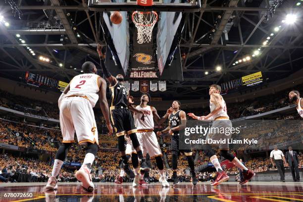 Patrick Patterson of the Toronto Raptors shoots the ball' against the Cleveland Cavaliers during Game Two of the Eastern Conference Semifinals of the...