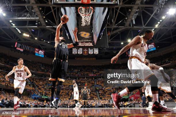 Jonas Valanciunas of the Toronto Raptors shoots the ball' against the Cleveland Cavaliers during Game Two of the Eastern Conference Semifinals of the...