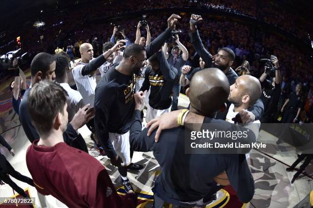 The Cleveland Cavaliers huddle up before the game against the Toronto Raptors during Game Two of the Eastern Conference Semifinals of the 2017 NBA...