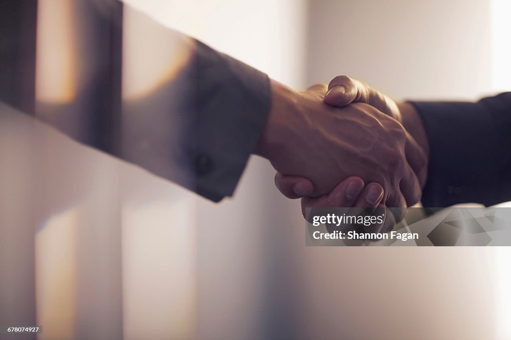 Handshake in contemporary office space