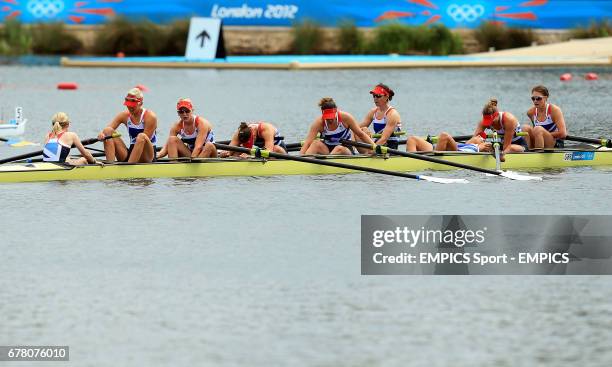 Great Britain's Victoria Thornley, Katie Greves, Annabel Vernon, Natasha Page, Lindsey Maguire, Jessica Eddie, Louisa Reeve and Olivia Whitlam sit...