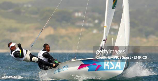 South Africa's Men's 470 team of Asenathi Jim and Roger Hudson racing at the Olympics on Weymouth Bay today.