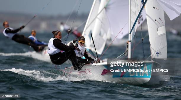Brazil's Women's 470 crew Fernanda Oliveira and Ana Barbachan during the first race of their Olympic campaign off Weymouth today.]