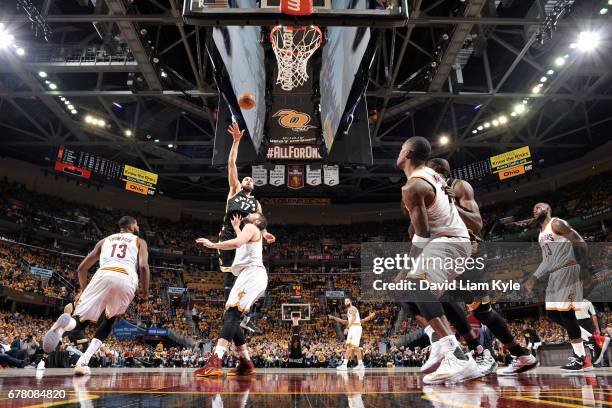 Jonas Valanciunas of the Toronto Raptors shoots the ball against the Cleveland Cavaliers during Game Two of the Eastern Conference Semifinals of the...