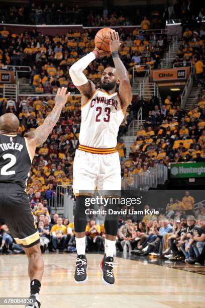 LeBron James of the Cleveland Cavaliers shoots the ball against the Toronto Raptors during Game Two of the Eastern Conference Semifinals of the 2017...