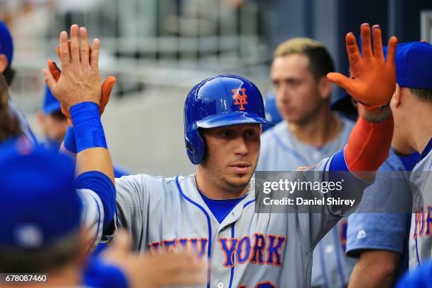 Asdrubal Cabrera of the New York Mets celebrates scoring during the first inning against the Atlanta Braves at SunTrust Park on May 3, 2017 in...