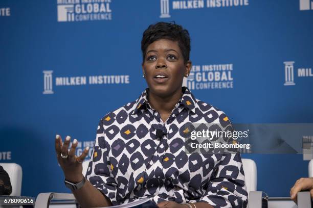 Tina Wells, founder and chief executive officer of Buzz Marketing Group, speaks during the Milken Institute Global Conference in Beverly Hills,...