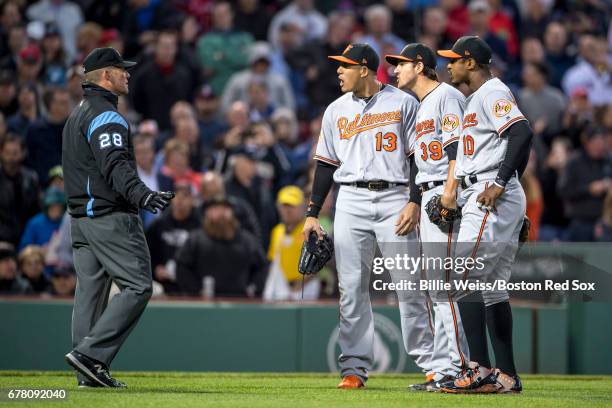 Kevin Gausman of the Baltimore Orioles argues alongside Manny Machado and Adam Jones with umpire Jim Wolf after being ejected from the game for...