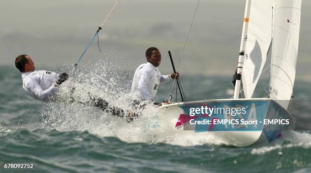 South Africa's Men's 470 pair of Asenathi Jim and Roger Hudson competing at the Olympics on Weymouth Bay today.