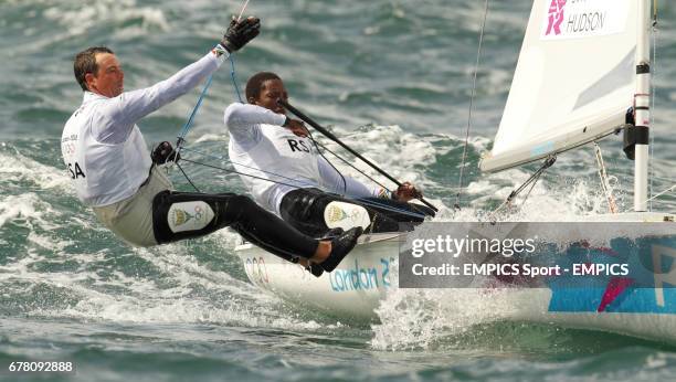 South Africa's Men's 470 pair of Asenathi Jim and Roger Hudson competing at the Olympics on Weymouth Bay today.