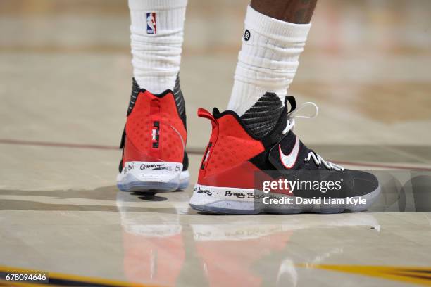 The sneakers of LeBron James of the Cleveland Cavaliers are seen against the Toronto Raptors during Game Two of the Eastern Conference Semifinals of...