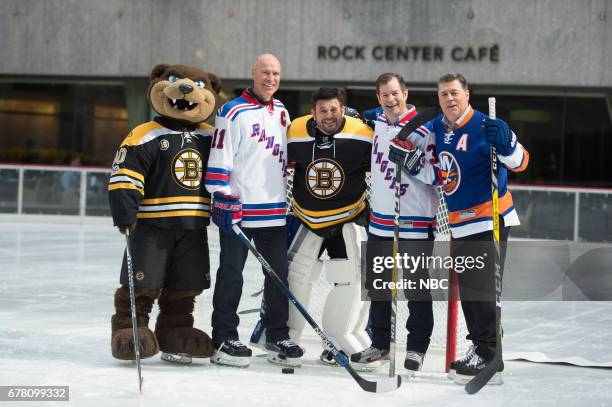 The Boston Bruins Mascot, Mark Messier, Adam Richman, Pat LaFontaine and Mike Richter hit the ice at the Rockefeller Center rink to celebrate the...