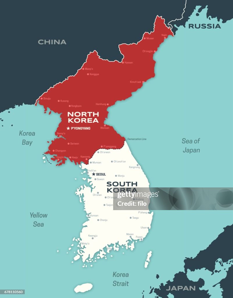 Mapa de península de Corea de Corea del sur y norte