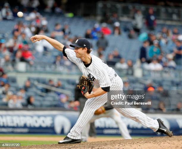 Relief pitcher Bryan Mitchell of the New York Yankees throws a pitch during an MLB baseball game against the Baltimore Orioles on April 30, 2017 at...