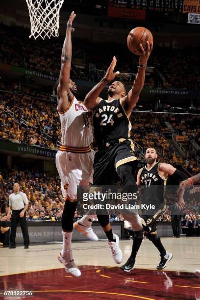 Norman Powell of the Toronto Raptors shoots the ball against the Cleveland Cavaliers during Game Two of the Eastern Conference Semifinals of the 2017...