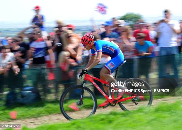 Czech Republic's Jaroslav Kulhavy on his way to winning the Gold medal at the Men's Cross-Country Mountain Bike Race at Hadleigh Farm, London