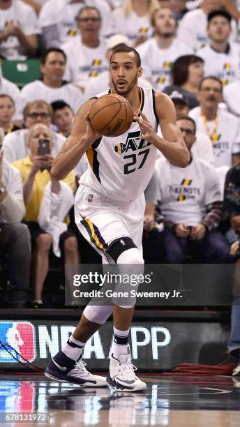 Rudy Gobert of the Utah Jazz prepares to pass the ball in the first half against the Los Angeles Clippers in Game Four of the Western Conference...