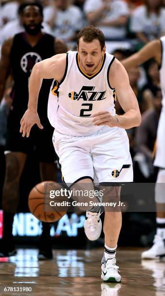 Joe Ingles of the Utah Jazz chases the ball in the first half against the Los Angeles Clippers in Game Four of the Western Conference Quarterfinals...