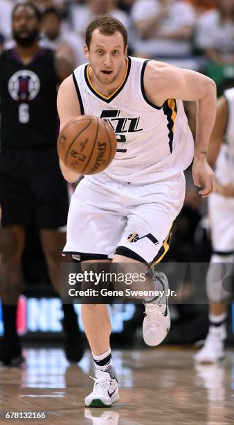 Joe Ingles of the Utah Jazz chases the ball in the first half against the Los Angeles Clippers in Game Four of the Western Conference Quarterfinals...