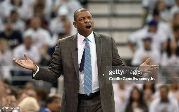 Head coach Doc Rivers of the Los Angeles Clippers reacts to a call during the first half against the Utah Jazz in Game Four of the Western Conference...