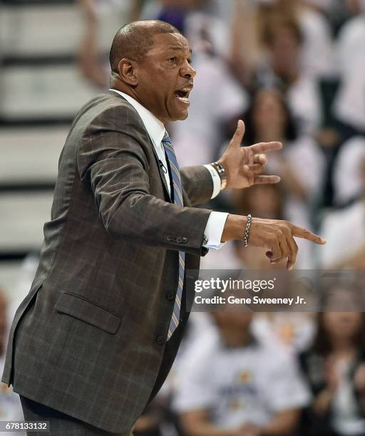 Head coach Doc Rivers of the Los Angeles Clippers gestures to his team during the first half against the Utah Jazz in Game Four of the Western...