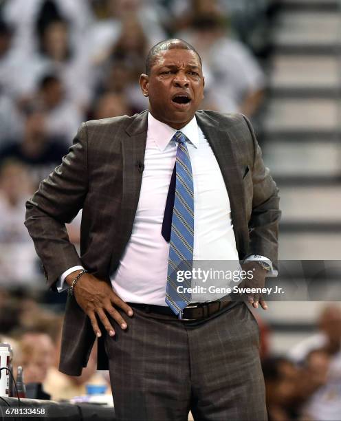 Head coach Doc Rivers of the Los Angeles Clippers reacts to a call during the first half against the Utah Jazz in Game Four of the Western Conference...